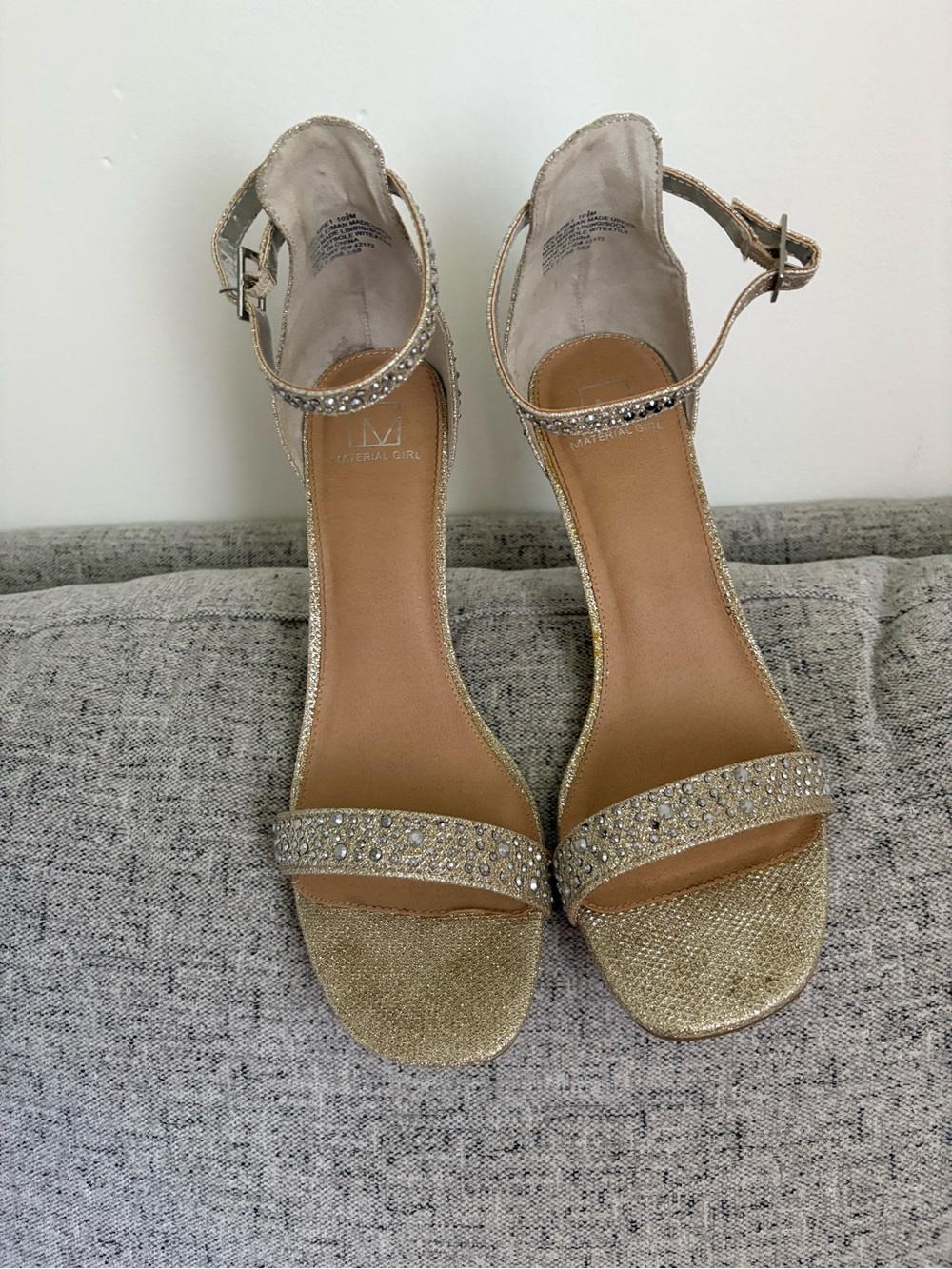 Material Girl Glitter Gold Rhinestone Ankle-Strap Heels